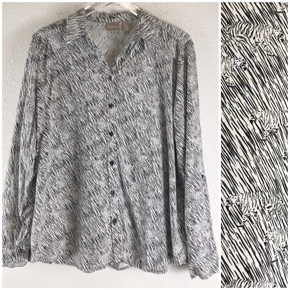 Chico's White Tiger Novelty Animal Print Roll Tab Sleeve Button Front Blouse 2/L